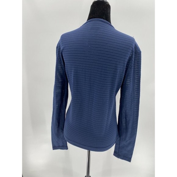 Versace Jeans Navy Blue Stripes Long Sleeve Fitted Sheer Mesh Blouse Top Sz L - Picture 3 of 12